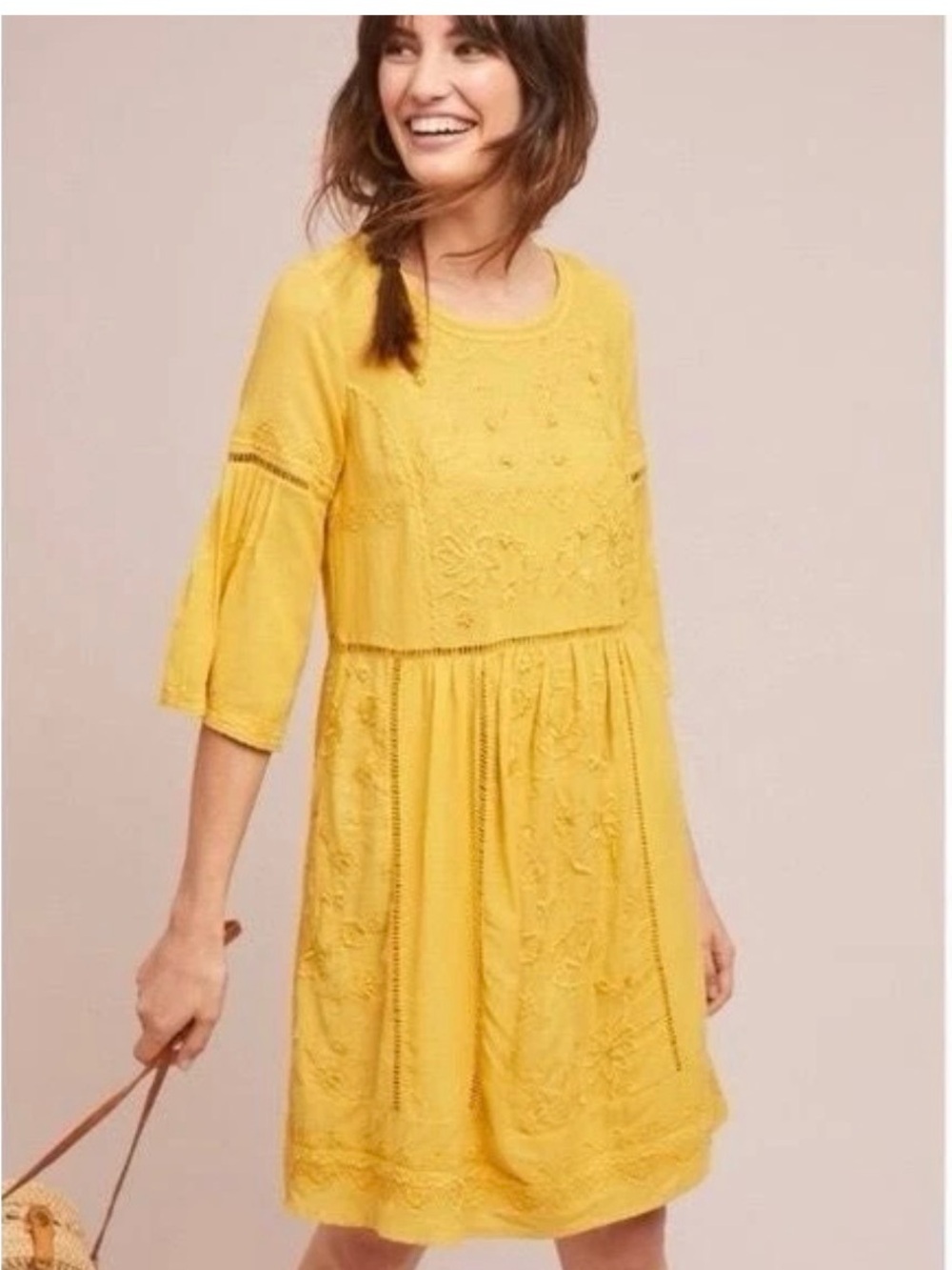 Anthropologie Yellow Embroidered Long-Sleeve Boho Dress